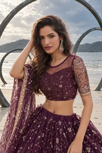 WINE  NET THREAD WITH ZARI AND SEQUINCE WORK FESTIVE LEHENGA CHOLI SET FOR WOMEN'S