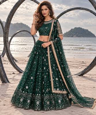 BOTTEL GREEN  NET THREAD WITH ZARI AND SEQUINCE WORK FESTIVE LEHENGA CHOLI SET FOR WOMEN'S 1