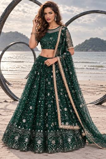 BOTTEL GREEN  NET THREAD WITH ZARI AND SEQUINCE WORK FESTIVE LEHENGA CHOLI SET FOR WOMEN'S
