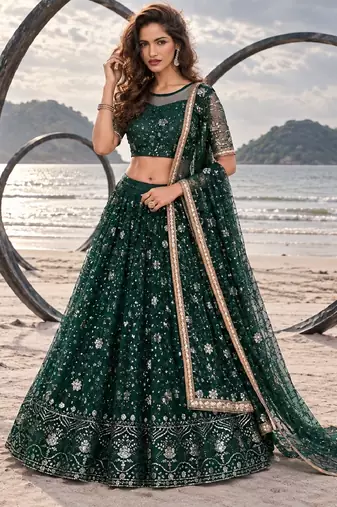 BOTTEL GREEN  NET THREAD WITH ZARI AND SEQUINCE WORK FESTIVE LEHENGA CHOLI SET FOR WOMEN'S