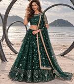 BOTTEL GREEN  NET THREAD WITH ZARI AND SEQUINCE WORK FESTIVE LEHENGA CHOLI SET FOR WOMEN'S