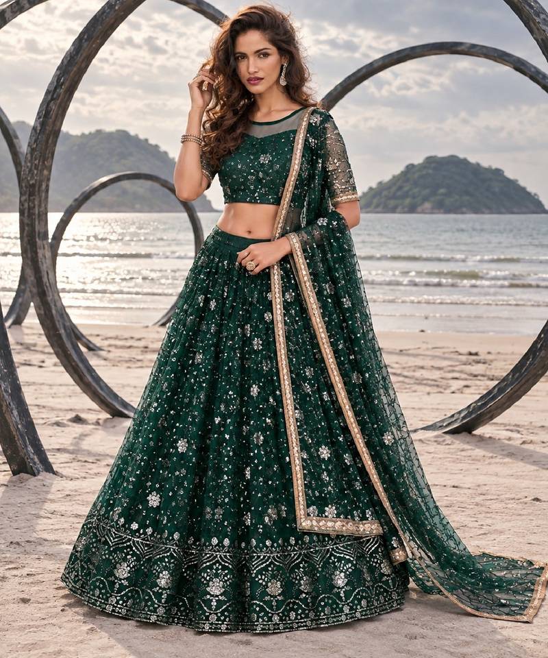 BOTTEL GREEN  NET THREAD WITH ZARI AND SEQUINCE WORK FESTIVE LEHENGA CHOLI SET FOR WOMEN'S