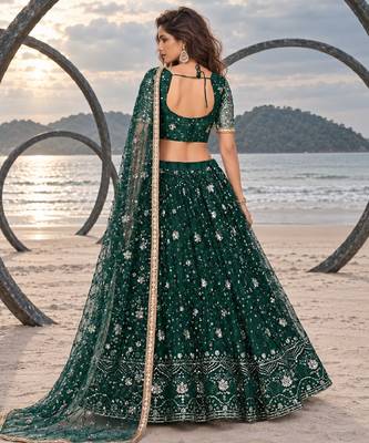BOTTEL GREEN  NET THREAD WITH ZARI AND SEQUINCE WORK FESTIVE LEHENGA CHOLI SET FOR WOMEN'S 2