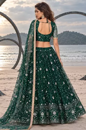 BOTTEL GREEN  NET THREAD WITH ZARI AND SEQUINCE WORK FESTIVE LEHENGA CHOLI SET FOR WOMEN'S