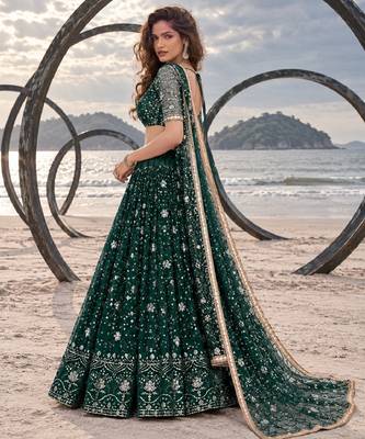 BOTTEL GREEN  NET THREAD WITH ZARI AND SEQUINCE WORK FESTIVE LEHENGA CHOLI SET FOR WOMEN'S 3