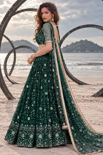 BOTTEL GREEN  NET THREAD WITH ZARI AND SEQUINCE WORK FESTIVE LEHENGA CHOLI SET FOR WOMEN'S