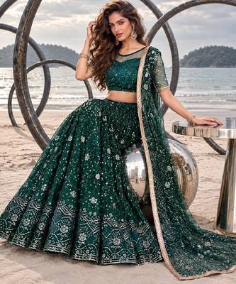 BOTTEL GREEN  NET THREAD WITH ZARI AND SEQUINCE WORK FESTIVE LEHENGA CHOLI SET FOR WOMEN'S 4