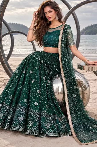 BOTTEL GREEN  NET THREAD WITH ZARI AND SEQUINCE WORK FESTIVE LEHENGA CHOLI SET FOR WOMEN'S