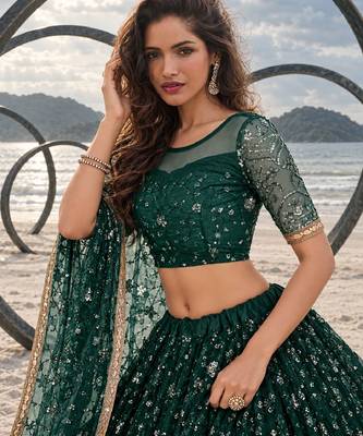 BOTTEL GREEN  NET THREAD WITH ZARI AND SEQUINCE WORK FESTIVE LEHENGA CHOLI SET FOR WOMEN'S 5