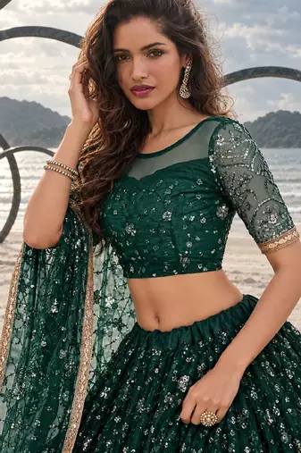 BOTTEL GREEN  NET THREAD WITH ZARI AND SEQUINCE WORK FESTIVE LEHENGA CHOLI SET FOR WOMEN'S