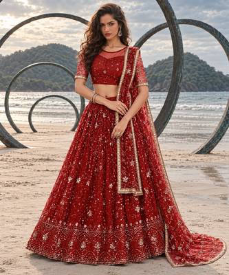 RED NET THREAD WITH ZARI AND SEQUINCE WORK FESTIVE LEHENGA CHOLI SET FOR WOMEN'S 1