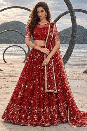 RED NET THREAD WITH ZARI AND SEQUINCE WORK FESTIVE LEHENGA CHOLI SET FOR WOMEN'S