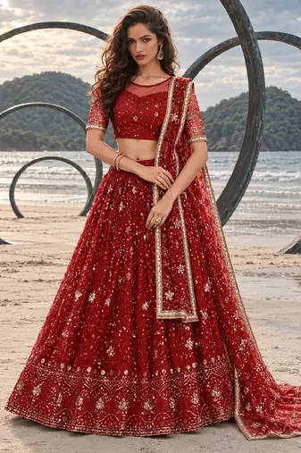 RED NET THREAD WITH ZARI AND SEQUINCE WORK FESTIVE LEHENGA CHOLI SET FOR WOMEN'S