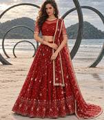 RED NET THREAD WITH ZARI AND SEQUINCE WORK FESTIVE LEHENGA CHOLI SET FOR WOMEN'S