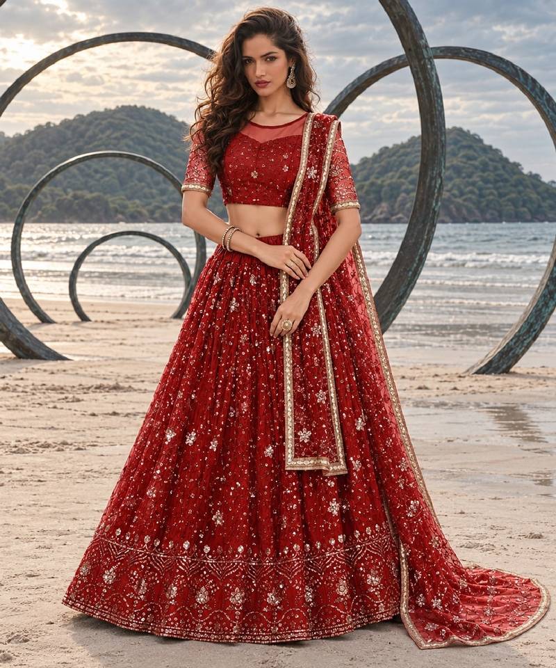 RED NET THREAD WITH ZARI AND SEQUINCE WORK FESTIVE LEHENGA CHOLI SET FOR WOMEN'S