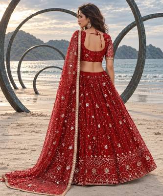 RED NET THREAD WITH ZARI AND SEQUINCE WORK FESTIVE LEHENGA CHOLI SET FOR WOMEN'S 2