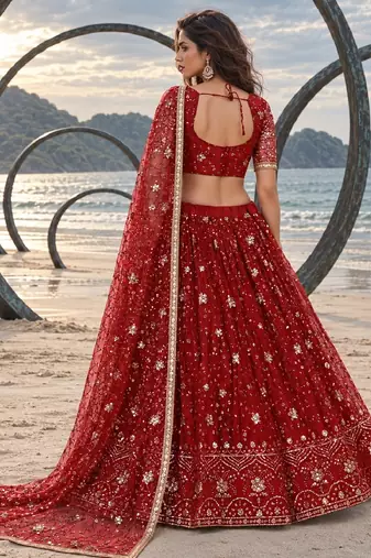 RED NET THREAD WITH ZARI AND SEQUINCE WORK FESTIVE LEHENGA CHOLI SET FOR WOMEN'S