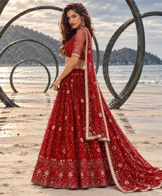 RED NET THREAD WITH ZARI AND SEQUINCE WORK FESTIVE LEHENGA CHOLI SET FOR WOMEN'S 3