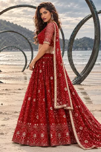 RED NET THREAD WITH ZARI AND SEQUINCE WORK FESTIVE LEHENGA CHOLI SET FOR WOMEN'S
