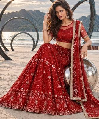 RED NET THREAD WITH ZARI AND SEQUINCE WORK FESTIVE LEHENGA CHOLI SET FOR WOMEN'S 4
