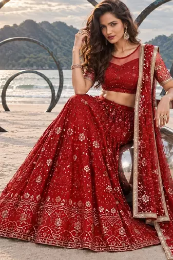 RED NET THREAD WITH ZARI AND SEQUINCE WORK FESTIVE LEHENGA CHOLI SET FOR WOMEN'S