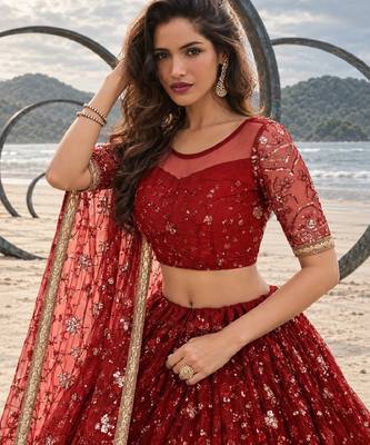RED NET THREAD WITH ZARI AND SEQUINCE WORK FESTIVE LEHENGA CHOLI SET FOR WOMEN'S 5
