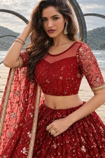 RED NET THREAD WITH ZARI AND SEQUINCE WORK FESTIVE LEHENGA CHOLI SET FOR WOMEN'S