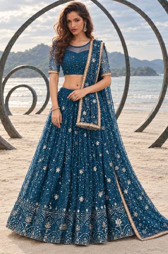 MOR PEACH BLUE CHIQU NET THREAD WITH ZARI AND SEQUINCE WORK FESTIVE LEHENGA CHOLI SET FOR WOMEN'S