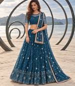 MOR PEACH BLUE CHIQU NET THREAD WITH ZARI AND SEQUINCE WORK FESTIVE LEHENGA CHOLI SET FOR WOMEN'S