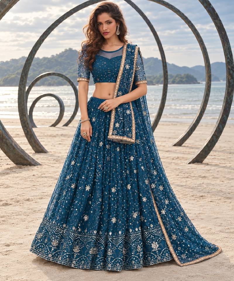 MOR PEACH BLUE CHIQU NET THREAD WITH ZARI AND SEQUINCE WORK FESTIVE LEHENGA CHOLI SET FOR WOMEN'S