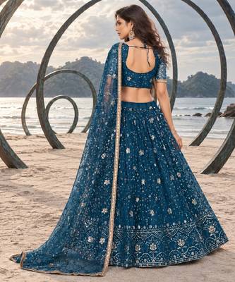 MOR PEACH BLUE CHIQU NET THREAD WITH ZARI AND SEQUINCE WORK FESTIVE LEHENGA CHOLI SET FOR WOMEN'S 2