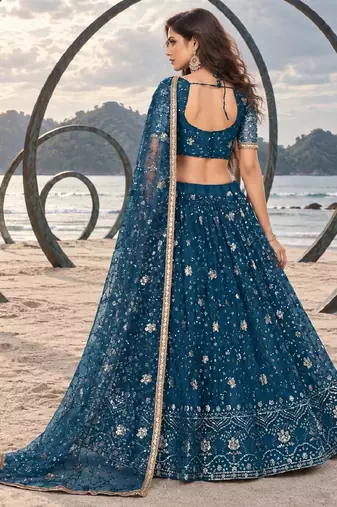 MOR PEACH BLUE CHIQU NET THREAD WITH ZARI AND SEQUINCE WORK FESTIVE LEHENGA CHOLI SET FOR WOMEN'S