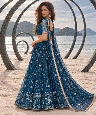 MOR PEACH BLUE CHIQU NET THREAD WITH ZARI AND SEQUINCE WORK FESTIVE LEHENGA CHOLI SET FOR WOMEN'S 3