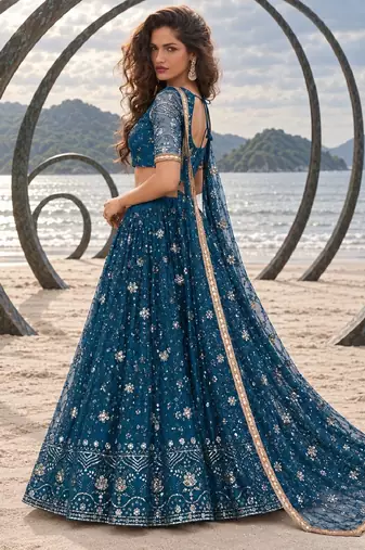 MOR PEACH BLUE CHIQU NET THREAD WITH ZARI AND SEQUINCE WORK FESTIVE LEHENGA CHOLI SET FOR WOMEN'S