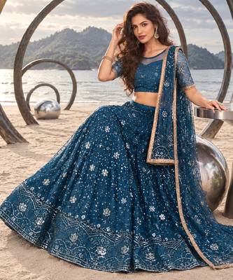 MOR PEACH BLUE CHIQU NET THREAD WITH ZARI AND SEQUINCE WORK FESTIVE LEHENGA CHOLI SET FOR WOMEN'S 4