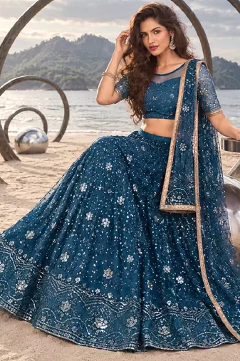 MOR PEACH BLUE CHIQU NET THREAD WITH ZARI AND SEQUINCE WORK FESTIVE LEHENGA CHOLI SET FOR WOMEN'S