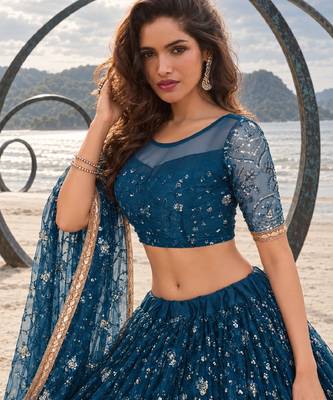 MOR PEACH BLUE CHIQU NET THREAD WITH ZARI AND SEQUINCE WORK FESTIVE LEHENGA CHOLI SET FOR WOMEN'S 5