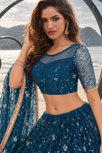 MOR PEACH BLUE CHIQU NET THREAD WITH ZARI AND SEQUINCE WORK FESTIVE LEHENGA CHOLI SET FOR WOMEN'S