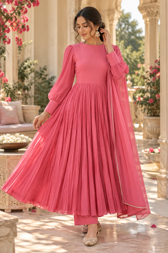 Carrot pink cotton pleated anarkali suit