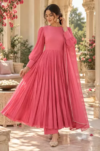Carrot pink cotton pleated anarkali suit