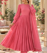 Carrot pink cotton pleated anarkali suit