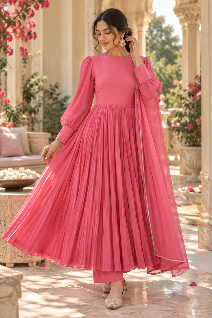 Carrot pink cotton pleated anarkali suit