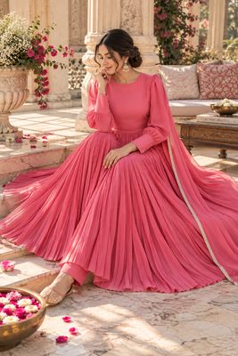 Carrot pink cotton pleated anarkali suit 2