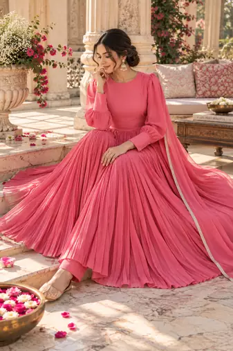 Carrot pink cotton pleated anarkali suit
