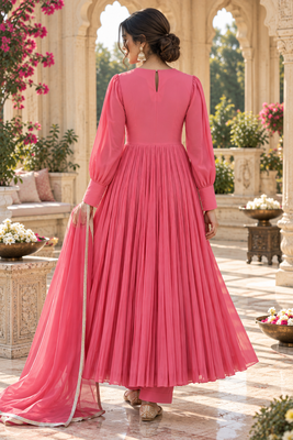 Carrot pink cotton pleated anarkali suit 3