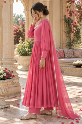 Carrot pink cotton pleated anarkali suit 4