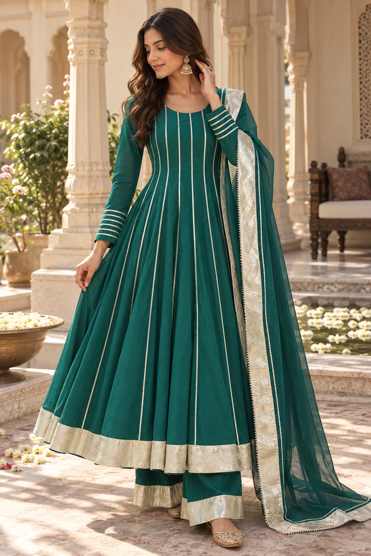 Deep green cotton gotapatti anarkali suit