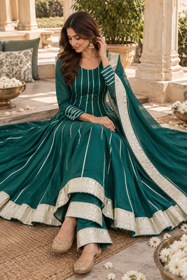 Deep green cotton gotapatti anarkali suit 2