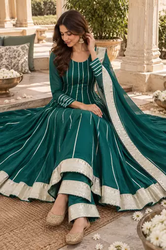Deep green cotton gotapatti anarkali suit