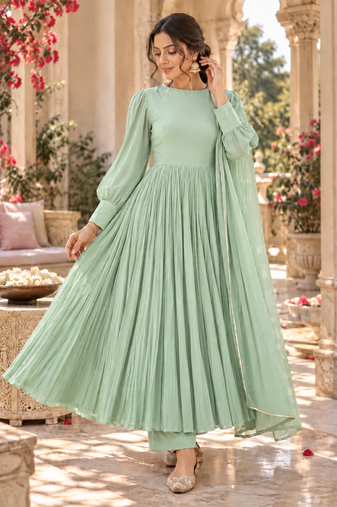 Mint green cotton pleated anarkali suit